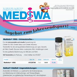 MEDIWA Jahresendspurt 2026 mit Sonderangeboten für Multistix 10SG Urinteststreifen und Rollicel KidsRoll Liegenabdeckungen für Arztpraxen.