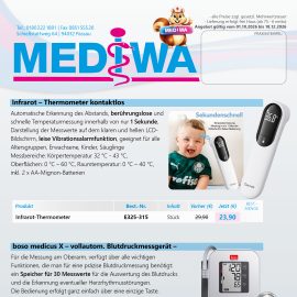 MEDIWA Jahresendspurt 2026 mit kontaktlosem Infrarot-Thermometer und boso medicus X Blutdruckmessgerät.